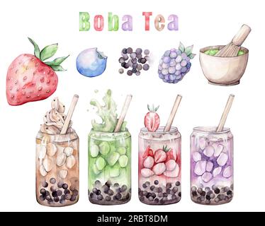 Acquerello illustrazione disegnata a mano con bevande. Boba Tea. Bubble tea. Tè freddo. Tè verde. Bacche Foto Stock