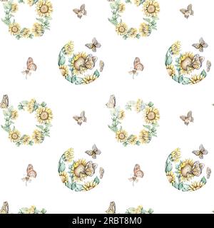 Motivo acquerello senza cuciture con girasoli e farfalle. Illustrazione disegnata a mano Foto Stock