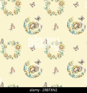 Motivo acquerello senza cuciture con girasoli e farfalle. Illustrazione disegnata a mano Foto Stock