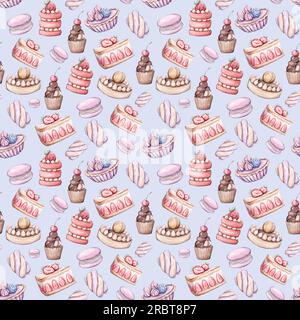 Acquerello motivi senza cuciture disegnati a mano con dessert. Foto Stock