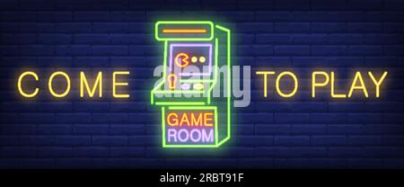 Venite a giocare, testo al neon della sala giochi con macchina da gioco arcade Illustrazione Vettoriale