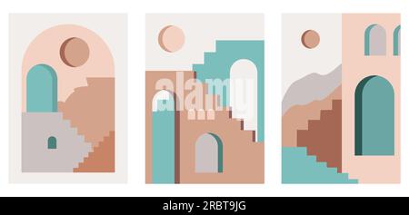 Una collezione di manifesti di architettura minimalista astratta con edifici astratti con porte ad arco. Illustrazione Vettoriale