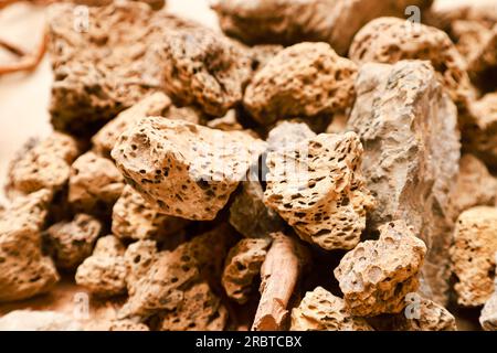 pietra pomice e pietra lavica con molti pori che sono ampiamente utilizzati quando si organizzano decorazioni acquascape per renderle belle ed estetiche Foto Stock