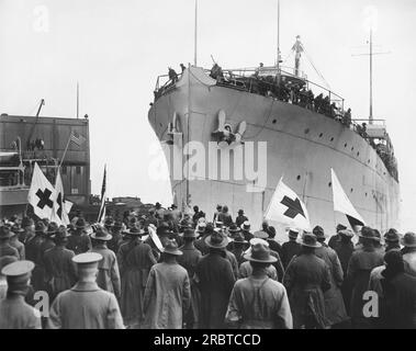 New York, New York: 16 aprile 1919 i membri del 332nd Infantry sono arrivati oggi al Bush Terminal sulla S.S. Lancaster. Erano solo americani a servire sul fronte italiano. Foto Stock