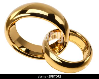 Illustrazione di due anelli d'oro per matrimoni isolati su sfondo bianco. Concetti di unità Foto Stock