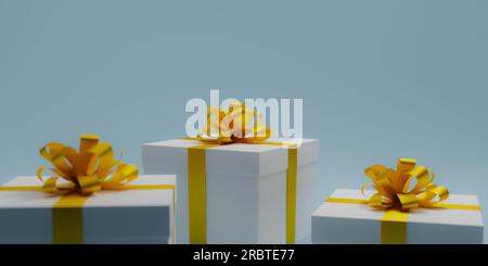 Scatole regalo bianche con nastri dorati e rendering 3d. Foto Stock