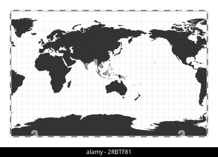 Mappa vettoriale del mondo. Proiezione stereografica cilindrica. Mappa geografica del mondo pianeggiante con linee di latitudine e longitudine. Centrato a 120 gradi di longitudine W. Illustrazione Vettoriale