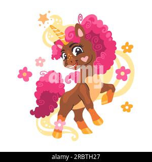 Simpatico personaggio dei cartoni animati unicorno dalla pelle nera con criniera rosa e fiori. Illustrazione vettoriale isolata. Sfondo bianco. Felice unicorno magico. Per la stampa, Illustrazione Vettoriale