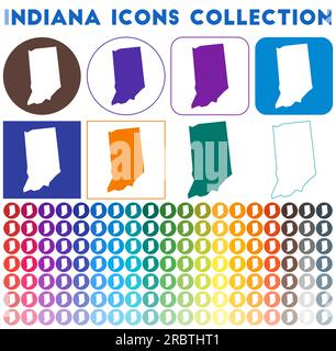 Collezione Indiana icons. Icone luminose colorate e alla moda. Distintivo dell'Indiana moderno con la mappa dello stato degli Stati Uniti. Illustrazione vettoriale. Illustrazione Vettoriale