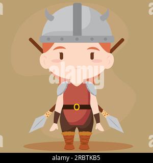 Isolata graziosa chibi femmina viking Character Vector Illustrazione Vettoriale