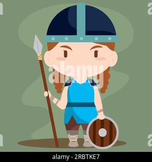 Isolata graziosa chibi femmina viking Character Vector Illustrazione Vettoriale