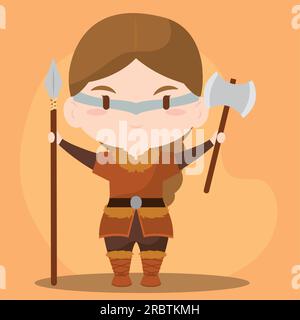 Isolata graziosa chibi femmina viking Character Vector Illustrazione Vettoriale