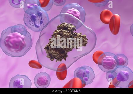 Molecola di nicotina nel flusso sanguigno - vista primo piano illustrazione 3d. Foto Stock