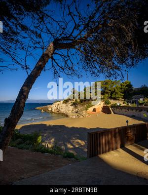 Vista sulla spiaggia di Cala font tra i pini, a Salou, nella Costa Daurada (Tarragona, Catalogna, Spagna). Esempio: Vista de la Cala font entre pinos Foto Stock