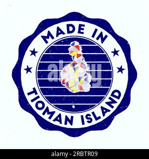 Prodotto sull'isola di Tioman. Timbro rotondo. Sigillo dell'isola di Tioman con forma di confine. Badge vintage con testo circolare e stelle. Illustrazione vettoriale. Illustrazione Vettoriale