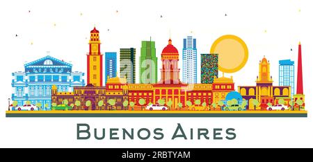 Skyline di Buenos Aires, Argentina, con monumenti colorati isolati sul bianco. Illustrazione vettoriale. Paesaggio urbano di Buenos Aires con monumenti storici. Illustrazione Vettoriale