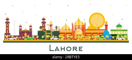 Skyline della città di Lahore Pakistan con punti di riferimento colorati isolati sul bianco. Illustrazione vettoriale. Concetto di viaggi d'affari e turismo con edifici storici. Illustrazione Vettoriale