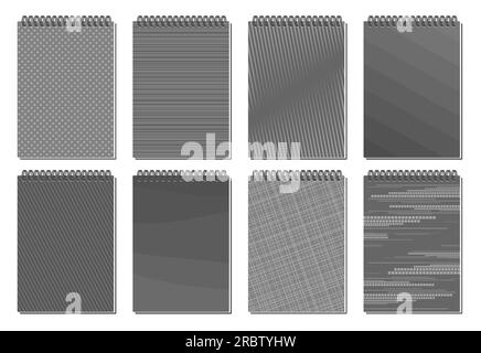 Coperture per blocco note Vector Spiral, collezione di 8 illustrazioni ritagliate di vari blocchi note a spirale design moderno della copertina, gruppo di nastri chiusi monocromatici Illustrazione Vettoriale