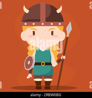 Isolata graziosa chibi femmina viking Character Vector Illustrazione Vettoriale