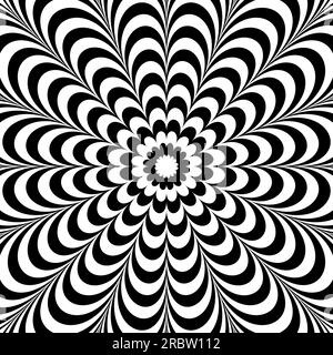 Sfondo illusione ottica. Superficie delle linee distorte astratte in bianco e nero. Design del poster. Sfondo con illusione ondulata radiale. Illustrazione vettoriale Illustrazione Vettoriale