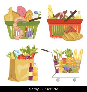 cestino verde con illustrazioni vettoriali e pollo e salsicce Illustrazione Vettoriale