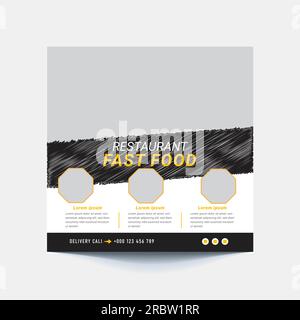 Design di modelli di banner Web o post di social media per il marketing di fast food e ristoranti con sfondo astratto, logo e icona. Pizza fresca, hamburger a Illustrazione Vettoriale