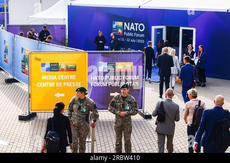 Vilnius, Lituania. 11 luglio 2023. Luogo del Summit NATO presso il LITEXPO Lituano Exhibition and Congress Center a Vilnius, Lituania, l'11 luglio 2023. (Immagine di credito: © Beata Zawrzel/ZUMA Press Wire) SOLO USO EDITORIALE! Non per USO commerciale! Crediti: ZUMA Press, Inc./Alamy Live News Foto Stock