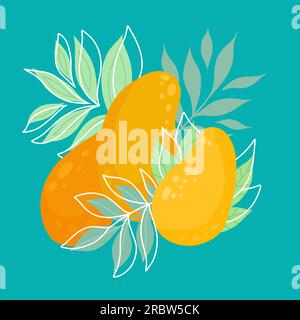 Illustrazione vettoriale di mango tropicale con fogliame su sfondo turchese. Immagine fruttata piatta disegnata a mano. Cartolina natura. Illustrazione Vettoriale