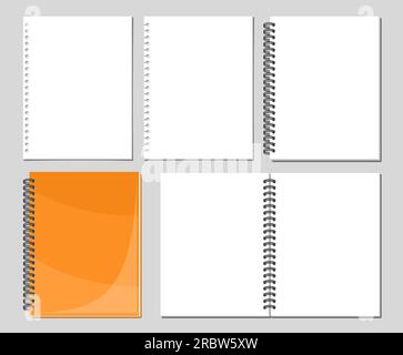Set notebook Vector Spiral, raccolta di 5 illustrazioni ritagliate di varie pagine vuote per notebook, gruppo di quaderni cartacei con raccoglitore aperto e chiuso Illustrazione Vettoriale