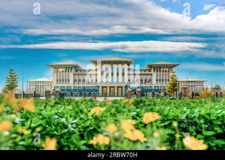 Ufficio presidenziale con fiore giallo sfocato, Ankara, Turchia Foto Stock