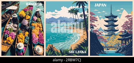 Set di poster delle destinazioni di viaggio in stile retrò. Illustrazione Vettoriale