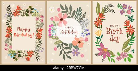 Set di moderni biglietti di auguri di buon compleanno Illustrazione Vettoriale