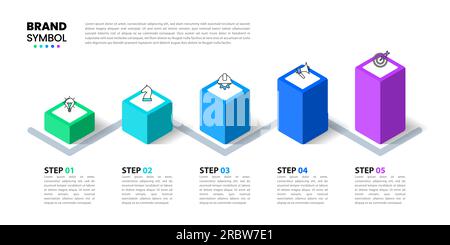 Modello infografico con icone e 5 opzioni o passaggi. Colonne isometriche. Può essere utilizzato per il layout del flusso di lavoro, il diagramma, il banner, il webdesign. Illustrazione del vettore Illustrazione Vettoriale