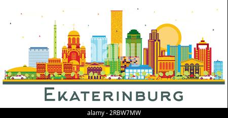 Skyline di Ekaterinburg Russia City con edifici colorati isolati su bianco. Illustrazione vettoriale. Business Travel and Tourism Concept con edificio moderno Illustrazione Vettoriale