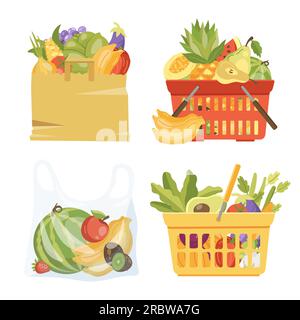 illustrazione vettoriale di vari cesti di generi alimentari sani verdure e frutta Illustrazione Vettoriale