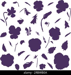 Set vettoriale di silhouette floreali primaverili di fiori di pansie, contorno nero di viola Illustrazione Vettoriale