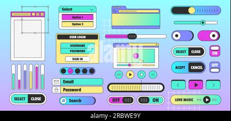 Desktop per pc vaporwave con elementi di interfaccia utente. Finestra del browser retro in stile anni '90 con caselle di messaggio, scheda, pulsante, barra di ricerca, icone di accesso e posta su sfondo graduato. Illustrazione Vettoriale