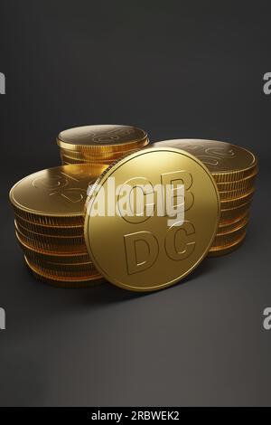 Pile di monete d'oro CBDC su sfondo nero. Valuta digitale della Banca centrale. illustrazione 3d. Foto Stock