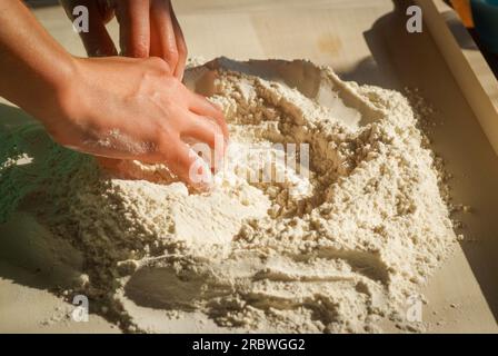 Mani con farina. fai pierogi varenky ai gnocchi di mirtilli a casa tua, passo dopo passo. Processo di preparazione tradizionale polacco estivo o piatto ucraino con Foto Stock