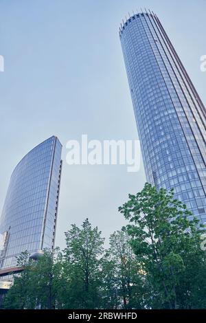 Grattacieli moderni e diagonali attraverso l'erba verde. Grattacieli a specchio del business center in un giorno d'estate contro il cielo blu. Foto di alta qualità Foto Stock