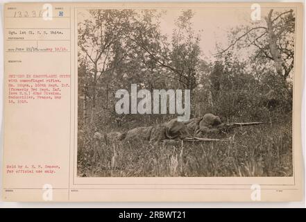 Sgt. 1st Cl. C.H. White ha catturato questa fotografia etichettata come SOGGETTO 13236 durante la prima guerra mondiale. L'immagine presenta cecchini che indossano abiti mimetici e che tengono in mano fucili mimetici. La foto è stata scattata il 18 maggio 1918 a EN. Hdqrs., 168th Regt. INF. (In precedenza, 3rd Regt. INF. Iowa N.G.) 42a divisione, Badonviller, Francia. È stato rilasciato da A.E.P. Censura solo per uso ufficiale. Foto Stock