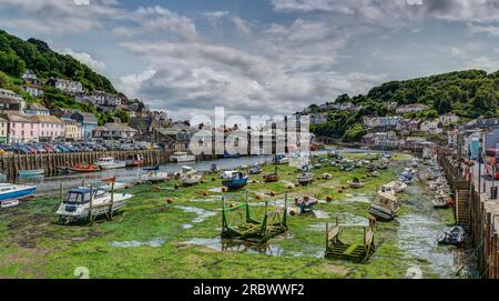 Looe con la bassa marea d'estate, una graziosa cittadina di mare sulla costa sud-orientale della Cornovaglia, Inghilterra. Tutti i tipi di imbarcazioni marine ormeggiate nel porto dell'estuario. Foto Stock