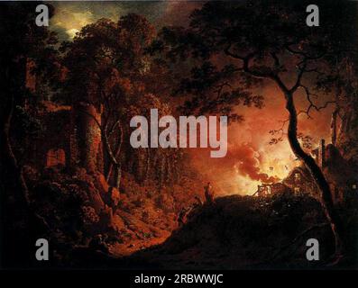 A Cottage on Fire 1787 di Joseph Wright Foto Stock
