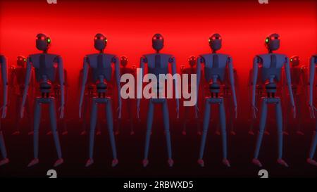 un magazzino pieno di robot (rendering 3d) Foto Stock