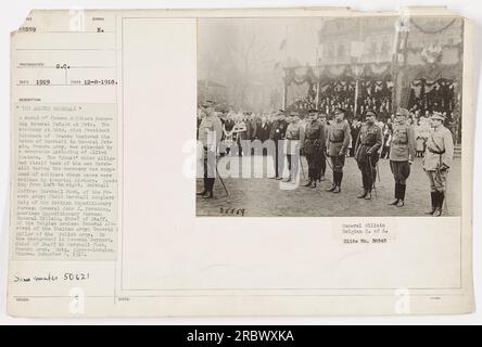 I generali alleati onorano il generale Petain alla cerimonia a Mets, in Francia. Il presidente francese Poincare presenta la bacchetta di Marshall al generale Petain. La squadra dietro il generale Petain include Marshall Joffre, Marshall Pooh, Field Marshall Douglass Haig, il generale John J. Pershing, il generale Gillain, il generale Alb-ricel e il generale Hallar. Il generale Weygand è visto sullo sfondo." Foto Stock