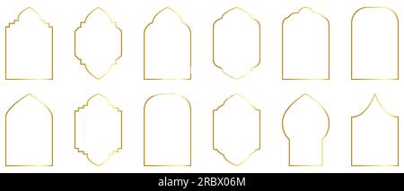 Set di finestre arabe dorate. Finestre e archi islamici di stile orientale. Illustrazione vettoriale Illustrazione Vettoriale