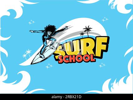 Modello di logo surf per la scuola di surf. illustrazione vettoriale Illustrazione Vettoriale