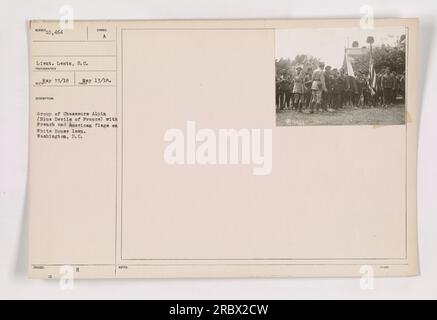 Gruppo di cacciatori Alpin (Blue Devils of France) in piedi sul White House Lawn a Washington, D.C. Stanno tenendo le bandiere francesi e americane, in posa per la fotografia. Il tenente Lentz, S.C. era il fotografo di questa immagine, scattata il 15 maggio 1918. La descrizione ufficiale dell'immagine identifica i soggetti e la posizione. Il numero di riferimento è 111-SC-10464. L'immagine è anche denominata H 7 13/18, e non sono fornite note aggiuntive. Foto Stock