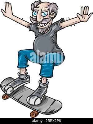 Matto vecchio nonno skateboard cartone animato illustrazione vettoriale Illustrazione Vettoriale