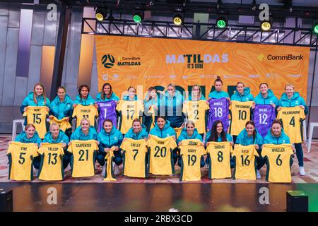 Melbourne, Victoria, Australia. 11 luglio 2023. MELBOURNE, AUSTRALIA - 11 LUGLIO: Annuncio e presentazione della squadra australiana di Coppa del mondo di Commbank Matildas Women's World Cup presso Federation Square l'11 luglio 2023 a Melbourne, Australia. (Immagine di credito: © Chris Putnam/ZUMA Press Wire) SOLO USO EDITORIALE! Non per USO commerciale! Crediti: ZUMA Press, Inc./Alamy Live News Foto Stock